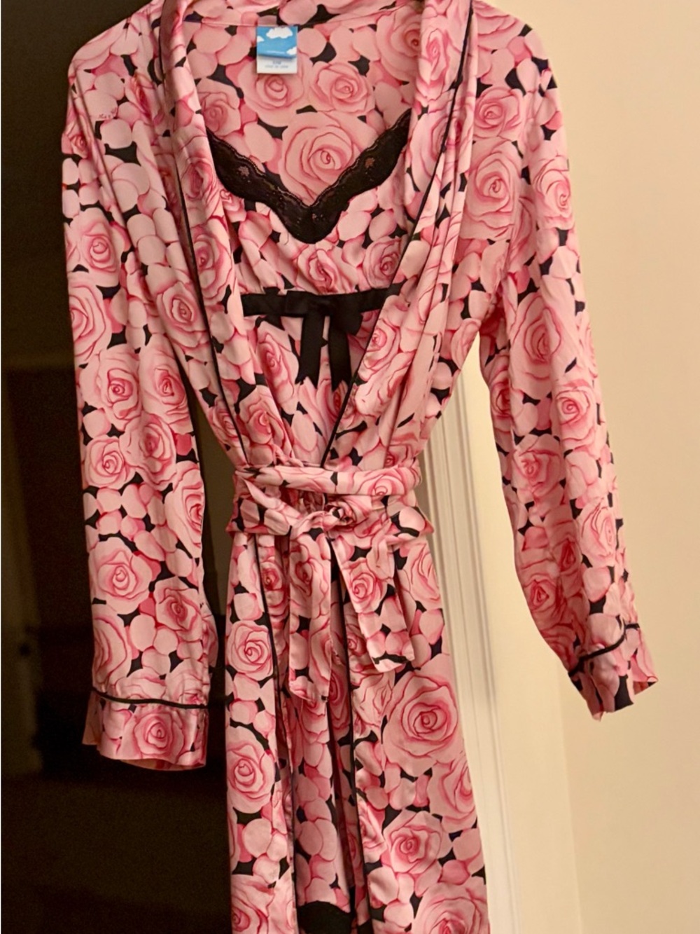 Nick & Nora Pink Rose Print Satin Slip Nightgown & Robe